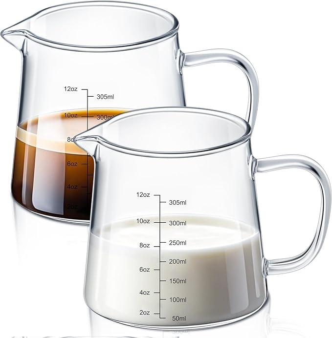 Honeydak 2 Pack 12oz Coffee Measuring Glass Cups Espresso Pitcher Heat Resistant Glass Coffee Measuring Cup Milk Frothing Pitcher Espresso Shot Glasses, Creamer Container, Microwave Dishwasher Safe