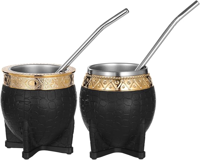 2PCS Yerba Mate Cup, 6 oz Stainless teel Mate Cup with Straw, Double Wall Vacuum Insulated Yerba Mate Gourd for Traditional Mate Tea Drinking (Black)