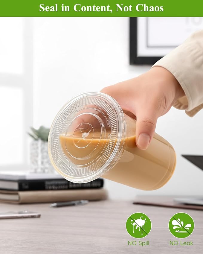Goodluck 100 Pack 20oz Plastic Cups with Lids and Green Straws, Clear Disposable Iced Coffee Cups, Food Safe Cold Drink Cups for Bubble Tea, Smoothies & Shakes, BPA Free