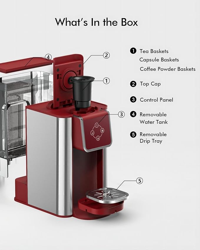 Single Serve Coffee Maker - 3-in-1 K Pod Coffee Machine, Ground, Leaf Tea, 50oz Reservoir, Red