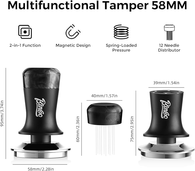 Bincoo 2-in-1 Coffee Tamper 58MM& WDT Tool,Espresso Tamper with Distributor Stirrer Function-Magnetic Espresso Tamper with 12 Needles,Professional Coffee Distribution & Tamping Tool for Barista(Black)