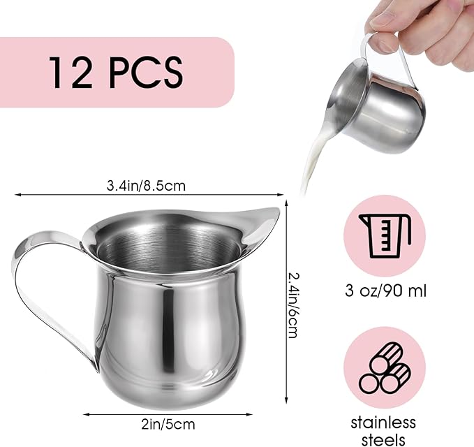 3 oz Small Creamer Pitcher, Stainless Steel Creamer Dispenser Mini Pitcher Cup with Pouring Spout for Cream, Milk, Coffee, Salad Dressing, Maple Syrup and Sauces, Pack of 12