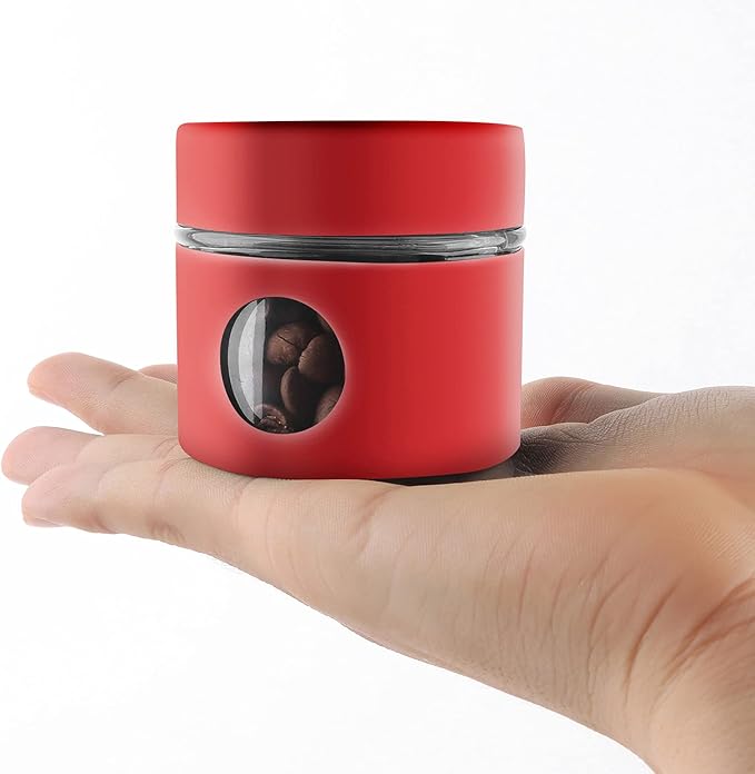 Coffee Canister Travel Jar, Mini Airtight Stainless Steel and Glass Food Storage Container Great for Coffee Bean and Coffee Grounds - Red, 1.4 OZ