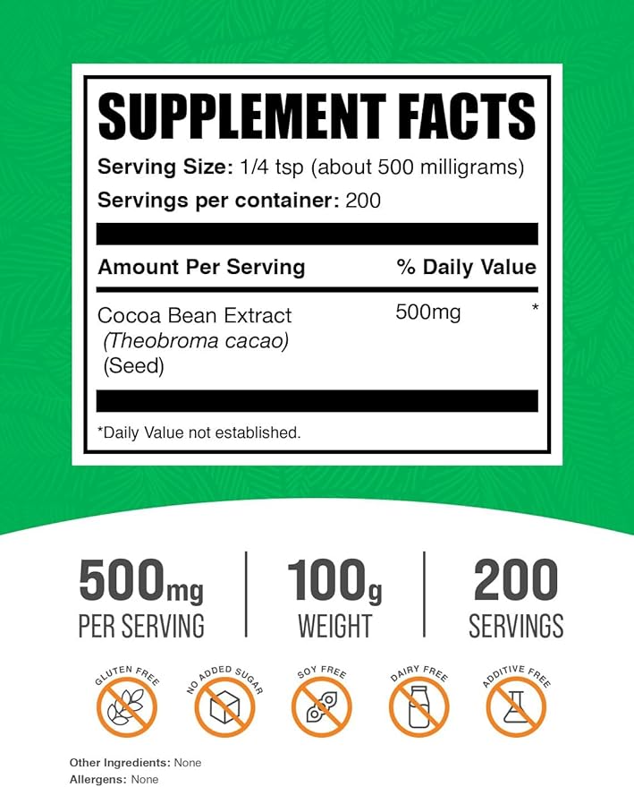 BulkSupplements.com Cocoa Bean Extract Powder - Cocoa Supplement - Unsweetened, Vegan & Gluten Free, 500mg per Serving, 100g (3.5 oz) (Pack of 1)