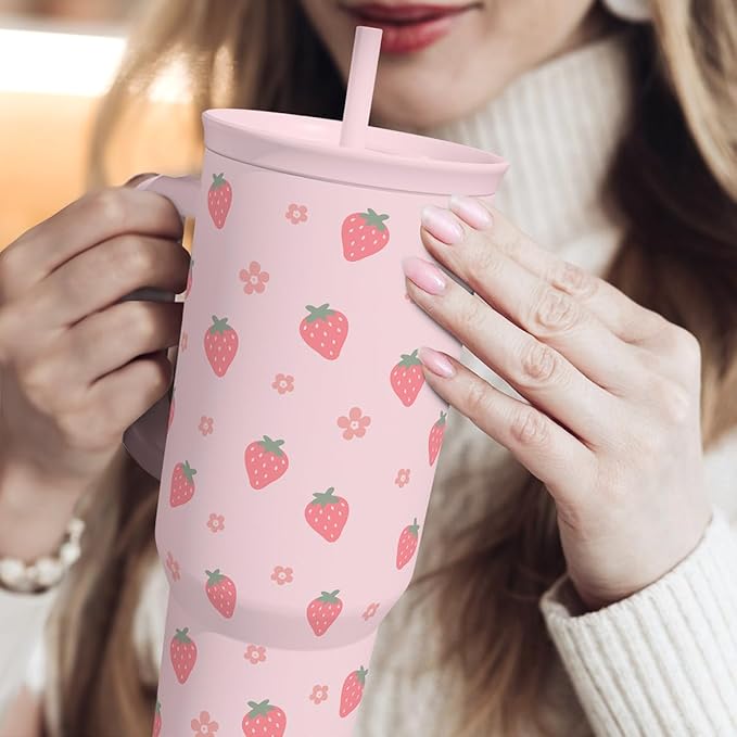 Strawberry Tumbler with Handle 40oz – Insulated Stainless Steel Travel Coffee Mug Cup for Girls Women, Gift for Christmas, Birthday