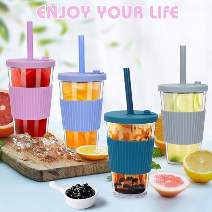 2 Pack Reusable Boba Cups, 17oz Iced Coffee With Straw and Lid, Leakproof Clear Plastic Tumbler, Double Wall Insulated Smoothie Cup, Pastel Violet and Cornflower Blue
