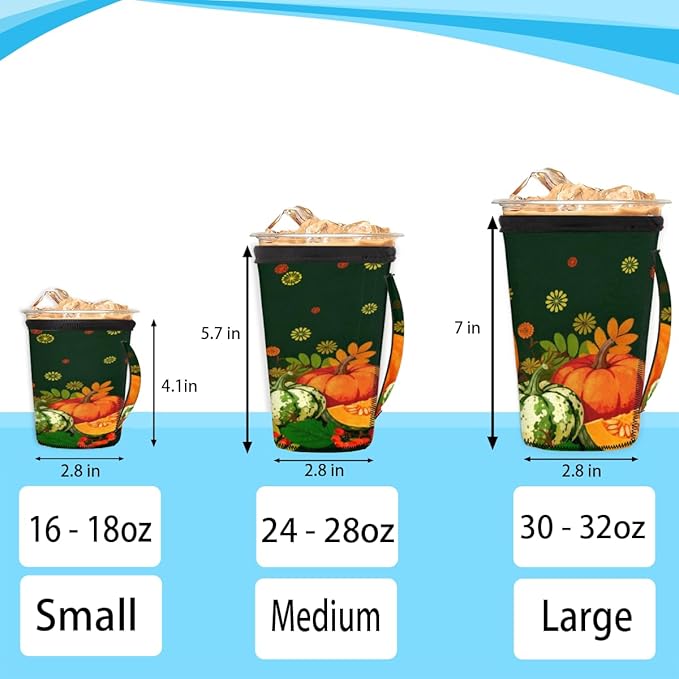 Pardick Pumpkin Autumn Reusable Insulator Coffee Sleeves for Drinks Beverages,Fall Leaves Neoprene Holder with Handle for Most Coffee or Ice Drink, 24-28oz