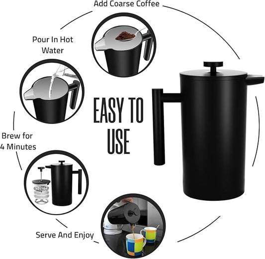 Utopia Kitchen 304 Grade Stainless Steel French Press Coffee Maker 12 Oz, Double Wall Insulated Coffee Press with 4-Level Filtration system, Include 2 Extra Filters, Rust-Free, Black