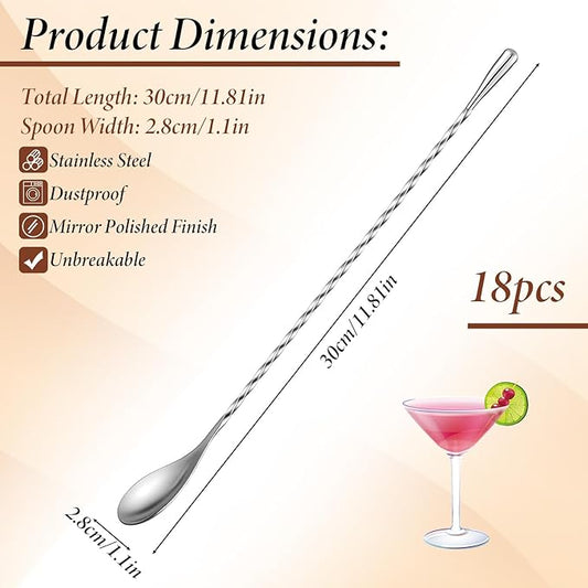 18 Pcs 12 Inches Bar Spoon, Stainless Steel Spiral Pattern Mixing Spoon, Long Handle Cocktail Mixing Stirrers, Long Drink Stirrer for Coffee, Iced Tea, Cocktail Shaker, Silver
