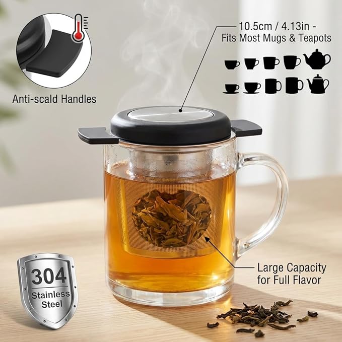 4 Pcs Tea Strainers for Loose Tea Stainless Steel Tea Steeper Large Capacity Tea Infuser Fine Mesh Tea Diffuser with Silicone Lid and Heat Proof Double Handles for Teapots Cups Mugs