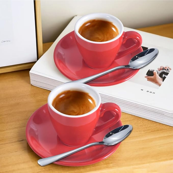 ionEgg Porcelain Espresso Cup with Saucer And Stainless Steel mini Spoons, Espresso shot Cup, 80ml/2.7Oz, Pack of 2, Red