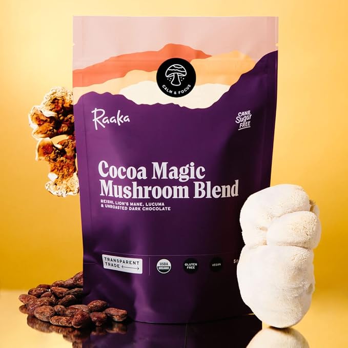 Raaka Cocoa Magic Mushroom Hot Chocolate Blend with Lion’s Mane, Reishi and Lucuma - Gourmet Adaptogenic Mushroom Hot Chocolate - Organic, Vegan, Low Sugar, Gluten Free, Kosher - 5 oz. Bag (8 Servings)