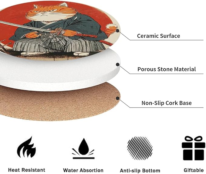 LOKMU Coasters for Drinks, Round Absorbent Ceramic Stone Coaster Sets of 6 with Metal Holder Stand, Japanese Cat Coasters with Cork Base for Coffee Wooden Table, Housewarming Gifts