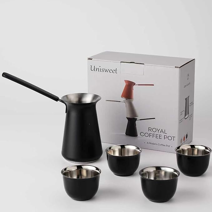 UNISWEET Turkish Coffee Pot Set- Coffee Maker, Briki Greek Turkish Pot with 4 Small Cups, Arabic Tea Pot, Cezve/Ibrik Coffee Pot for Stovetop(1 pot and 4 small cups)