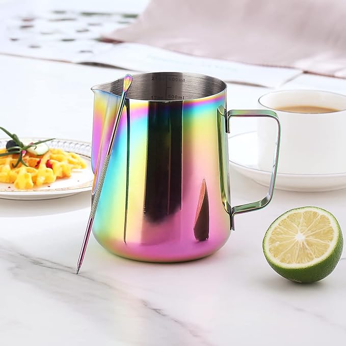 Milk Frothing Pitcher 21oz - 620ml, Kyraton Stainless Steel Espresso Steaming Pitchers with Decorating Pen,Milk Coffee Frother Cups Cappuccino Latte Art Barista Steam Pitchers Milk Jug Cup (Rainbow)