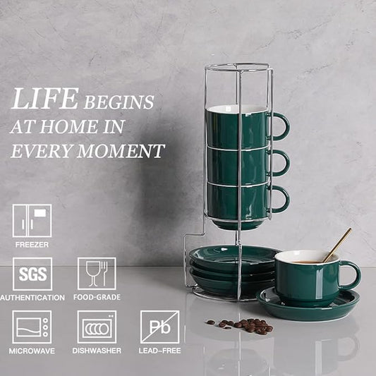 Sweejar Porcelain Cappuccino Cups with Saucers and Metal Stand, 8 Ounce Stackable Espresso Cups for Specialty Coffee Drinks, Latte, Americano, Tea - Set of 4 (Jade)