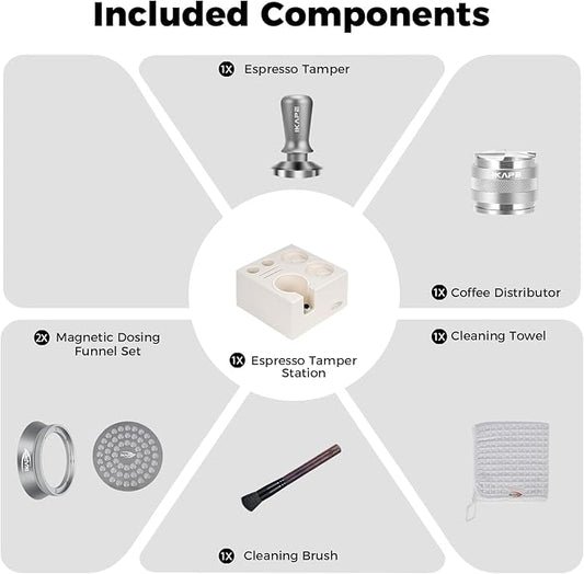 IKAPE 58mm Espresso Tamper Kit Silver 7 IN 1, Coffee Tamper Set comprising a Tamper, Distributor, Magnetic Dosing Funnel, Puck Screen, Station, WDT Tool, along with a Cleaning Towel and Brush