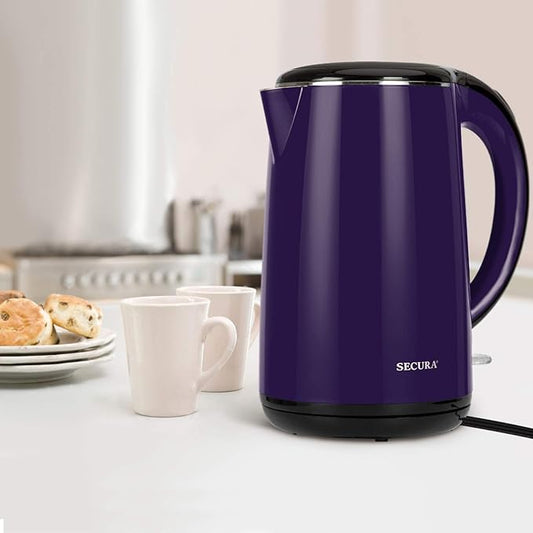 Secura Original Stainless Steel Double Wall Electric Water Kettle 1.8 Quart with Auto Shut-Off & Boil-Dry Protection, Dark Purple SWK-1701DP/HB-3227B