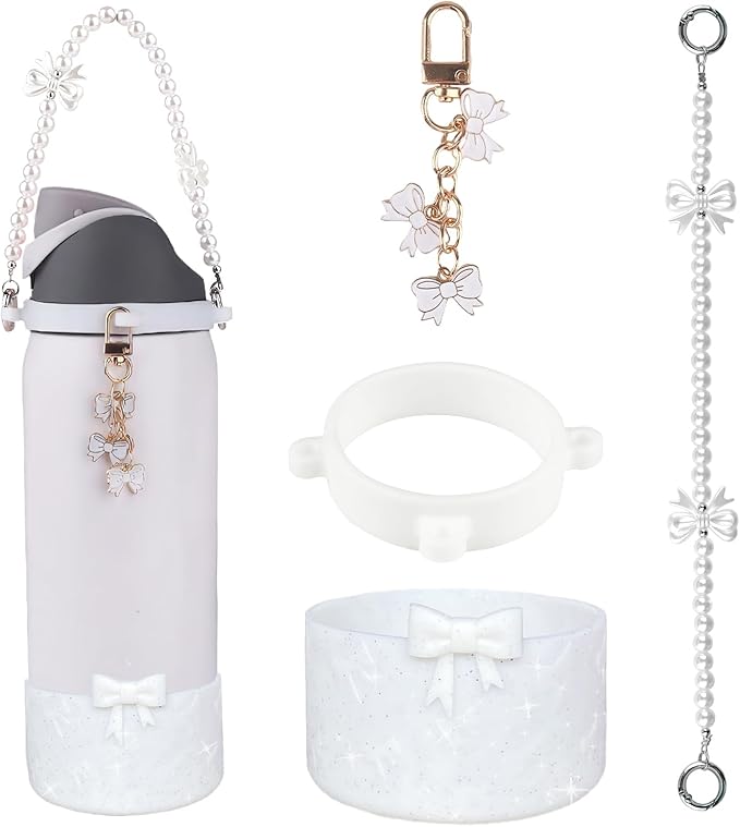 Water Bottle Accessories Set for Owala FreeSip 24oz、32 oz– Includes Pearl Handle Strap, Bow Charms,2.9in .3inch Silicone Bling Boot for Owala Accessories for Women
