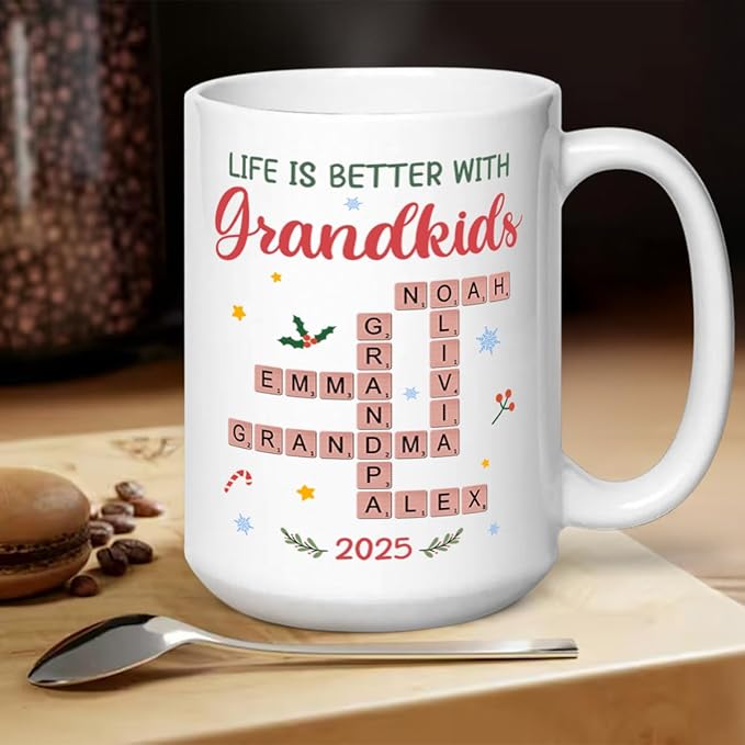 Joymade Personalized Ceramic Coffee Mug, Funny Custom Mug for Bestie, Friends, Couple, Coworker, Snowman Lovers (Life Is Better With Grandkids)
