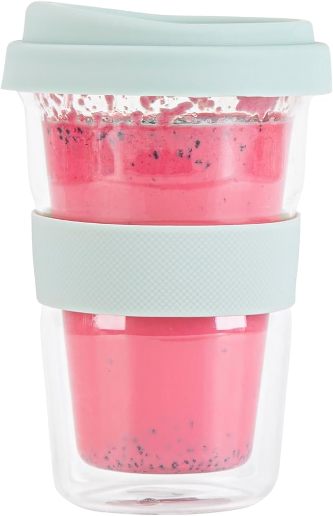 Restaurantware Glass Travel Mug 1 Count 14 Ounce Double Wall Borosilicate Reusable Coffee Cup, Spill-Resistant Mint Green Silicone Lid, Clear Drinkware Mug for Hot and Cold Beverages