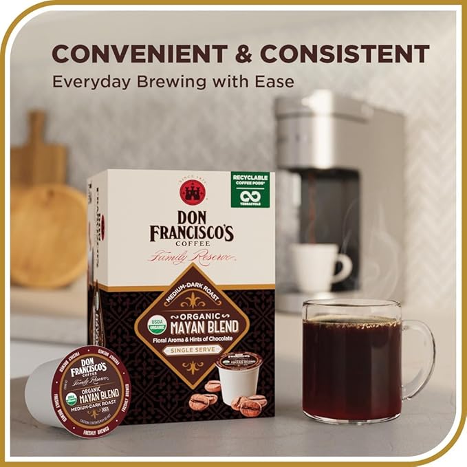 Don Francisco's Organic Mayan Coffee Pods, 100 Count, Medium-Dark Roast, Compatible with Keurig Brewers
