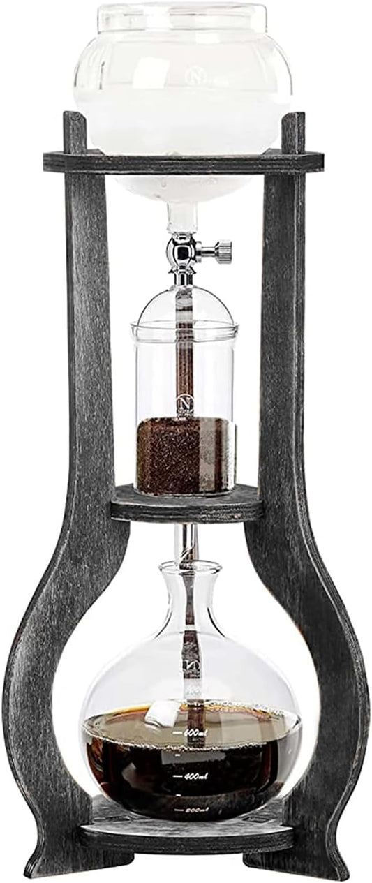 Tower Cold Brew Coffee Maker with Wood Tripod Stand, Adjustable Copper Drip Speed Valve, Ice Coffee Machine for Home, Coffee Shops, Cafes, Offices, Makes 6-8 Cups (Black)