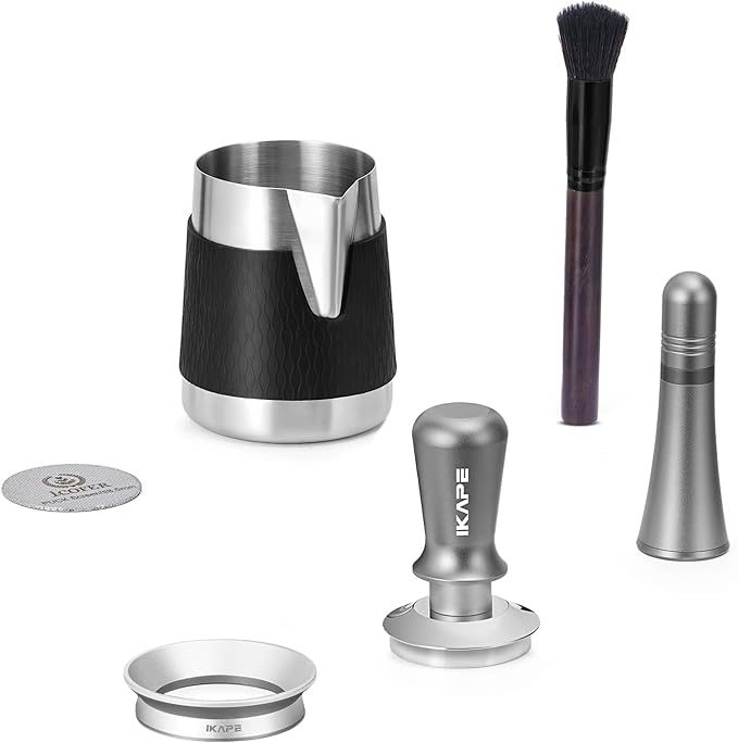 IKAPE 51MM Espresso Tamper Kit 6 in 1, Coffee Tamper, WDT Tool, Magnetic Dosing Funnel, Puck Screen, Milk Pitcher, Cleaning Brush