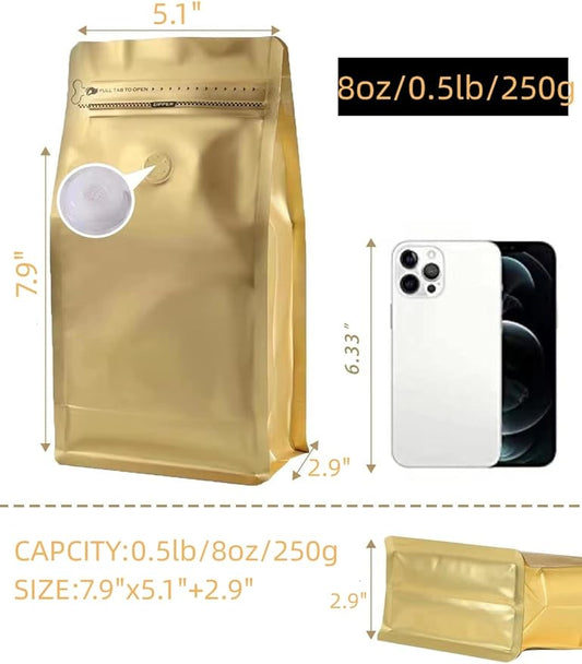 Coffee Bags with Valve(8 oz,1/2 lb,100pcs) Gold High Barrier Aluminumed Foil Flat Bottom Heat Sealed Coffee Beans Packaging Bags Side Zipper Resealable Bags for Home or Business