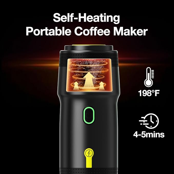 LumoShine Portable Electric Espresso Machine,Travel Coffee Maker for Camping,Car Coffee Maker Self-Heating with USB-DC, Compatible with Ground Coffee & Capsule for Hiking,Office,RV (Black)