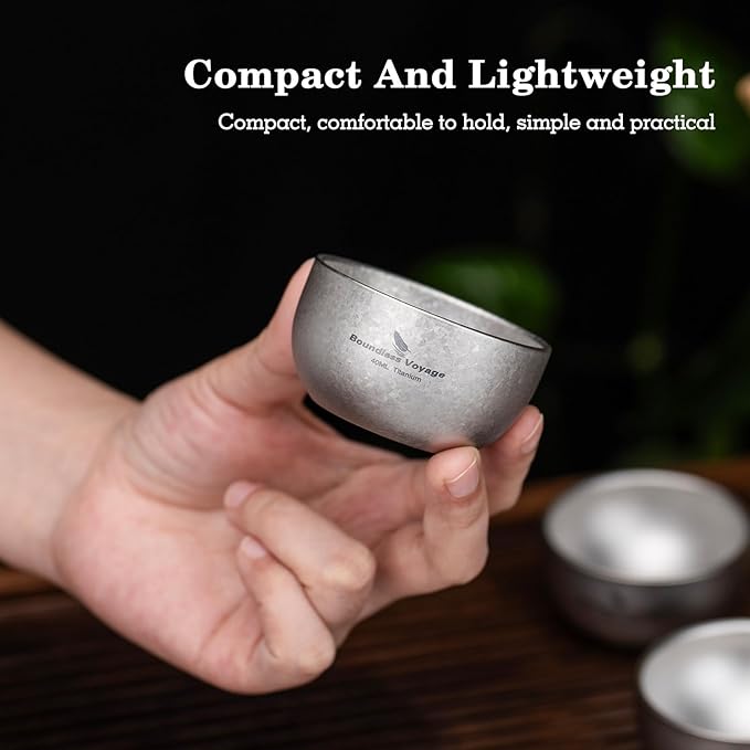 iBasingo Titanium Double Wall Mini Cups Small 40ml Tea Cups for Drinking, Whiskey, Espresso, Coating-Free, Dishwasher Safe Ti3204D (Silver * 3)