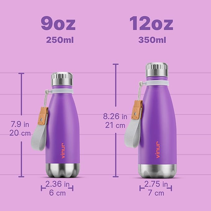 VINUR 9 oz Small Water Bottle for Kids-Stainless Steel Vacuum Insulated Water Bottle for School-Cola Shape Leak Proof Flask with Carry Rope, Purple