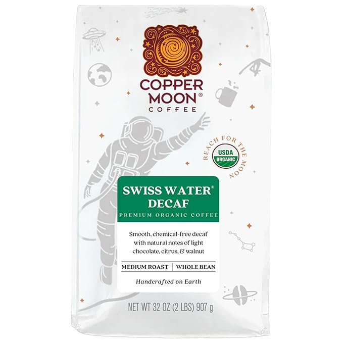 Copper Moon Whole Bean Coffee, Medium Roast, Swiss Water Organic Decaffeinated Blend, 2 Lb