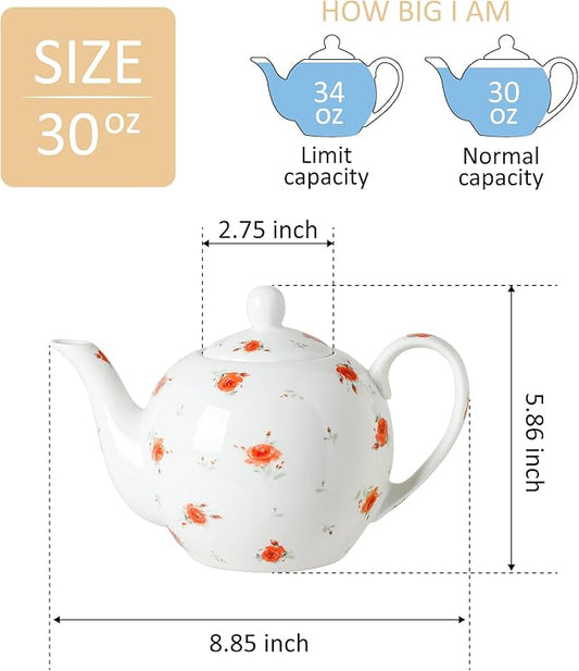 30oz FLoral Porcelain Teapot (4 Cups) - Elegant Ceramic Tea Pot with Vibrant Roses, Ideal for Loose Leaf & Bagged Tea, Dishwasher Safe