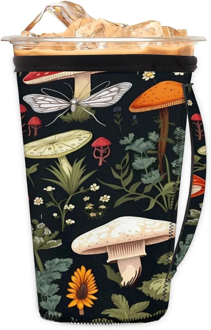 Reusable Iced Coffee Sleeve with Handle, Tropical Mushrooms Neoprene Cup Sleeve Butterfly Leaves Insulator Cup Holder for Cold Drinks Beverages 30oz - 32oz