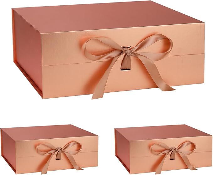 OEMVALATY Rose Gold Gift Box,16x16x6 Inches Gift Boxes with Lids for Presents with Magnetic Closure and Ribbon for Wedding,Storage,Birthday(3-Pack)