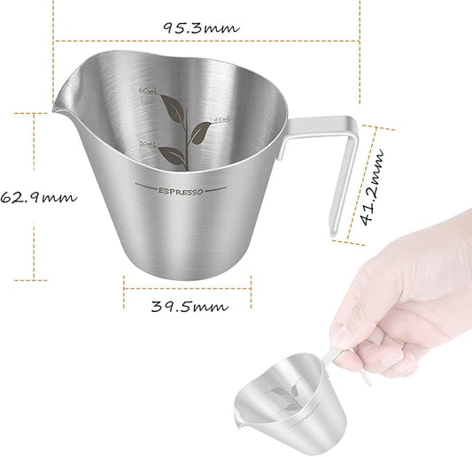 IKAPE Espresso Measuring Cup, 304 Anti-scald Stainless Steel Espresso Shot Cups 2Pcs with Handle, Coffee Pouring Cup for Barista Tool Accessories(Silver)