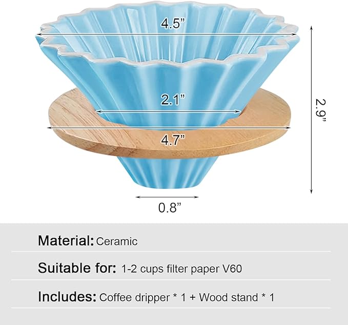 Ceramic Coffee Dripper with Wood Cup Stand Pour Over Coffee Maker Elegant Flower-shape V60 Strainer for 1-2 Cups Slow Brewing Accessories for Home Coffee Shops Restaurants Blue