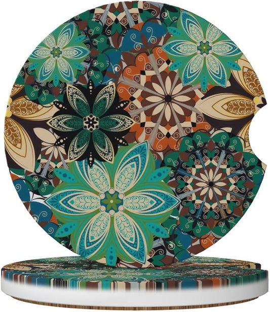 Car Cup Holder Coasters, 2 Pcs Ceramic Coasters with Finger Slot and Cork Back, Anti-Slip Shock Absorbing Women and Men Universal Car Accessories - Vintage Flower