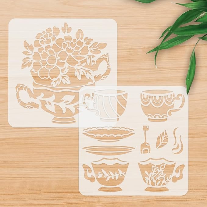 2sheet Coffee & Tea Cups Flowers Wall Stencils for Painting, 11.8"x11.8" Cup Plate Reusable Stencils for Kitchen, Paint Templates DIY Craft Art Stencils on Wood Fabric Canvas Furniture Journal