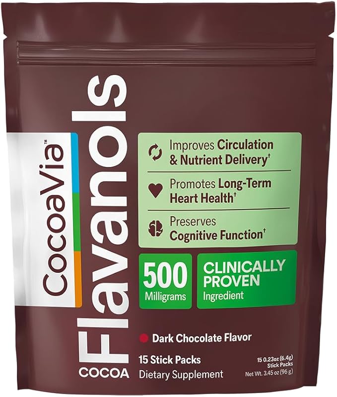 CocoaVia Cardio Health Cocoa Powder, 15 Single Serve Sticks, 500mg Cocoa Flavanols, Support Heart Health, Boost Nitric Oxide, Improve Circulation, Energy, Preworkout, Travel-Friendly, Vegan, Cacao