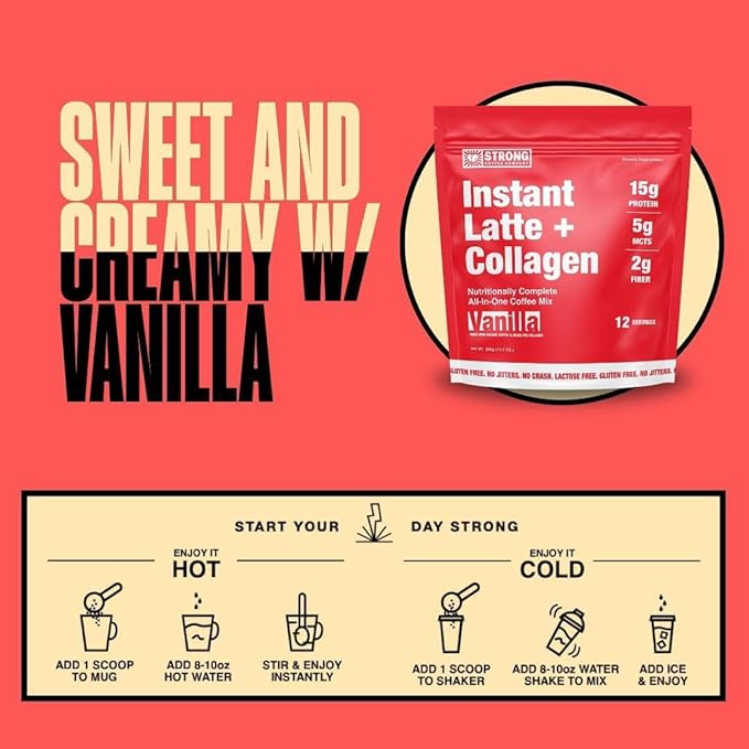Strong Coffee Co. Vanilla Instant Latte Travel Pack | Organic Coffee with 15g Collagen Protein | Lion’s Mane & L-Theanine | Nootropic Instant Coffee | Instant Coffee Packets (7 Servings)