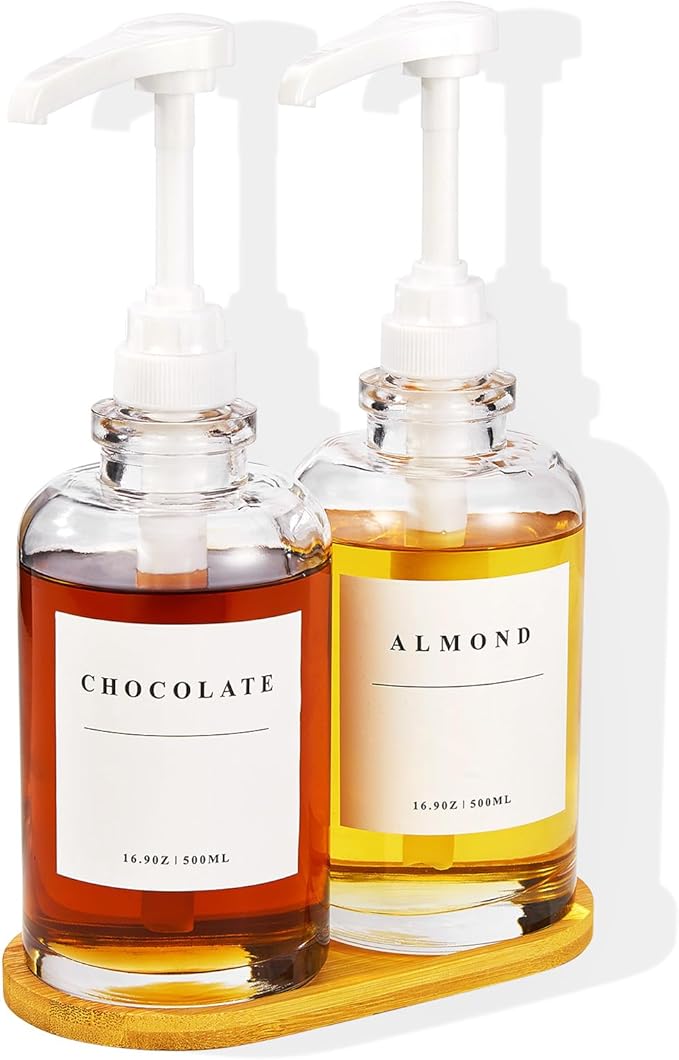 Coffee Syrup Dispenser for Coffee Bar, Coffee Syrup Pump Dispenser, Glass Syrup Bottle with White Upgraded Pump, 2 Pack 16.9 oz 500 ml Syrup Dispensers, 28 Labels and Bamboo Tray