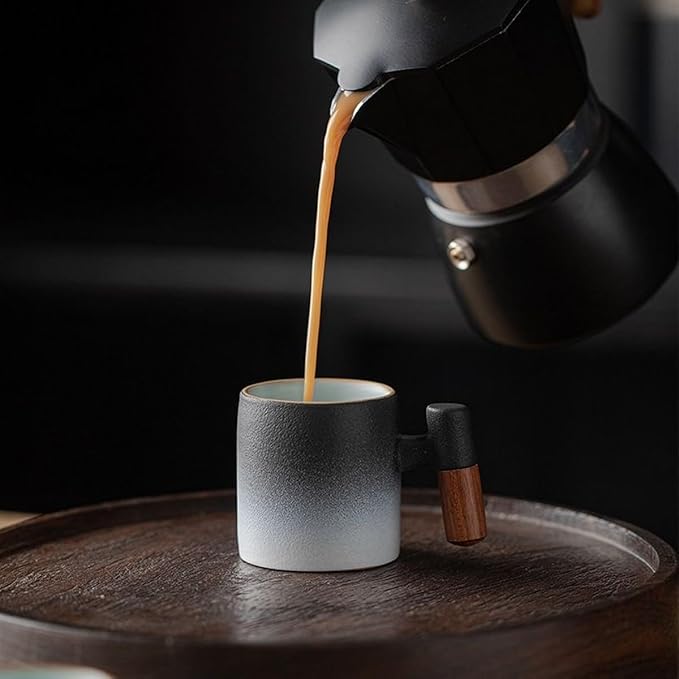 2oz Ceramic Espresso Cups set of 2, Espresso Cups with Wooden Handle, Demitasse Cups for Coffee or Tea (blue black, Wooden Handle2)