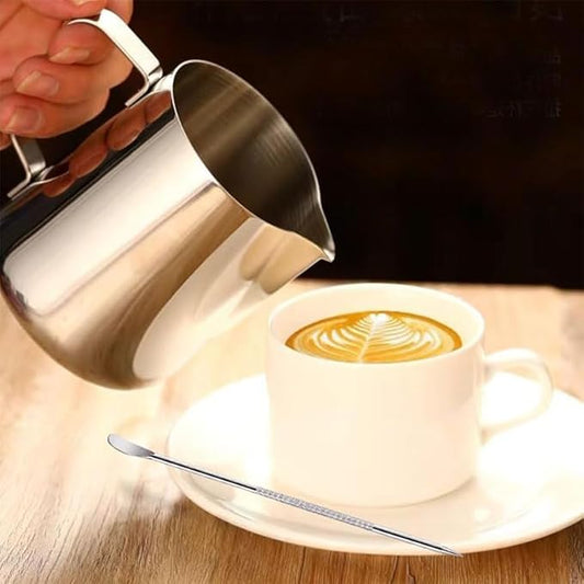 Milk Frother Cup, 12oz (350ml) Milk Frothing Pitcher Metal 304 Stainless Steel Steamer Cup, Coffee Milk Cappuccino Latte Art Barista Steaming Pitcher Espresso Jug with Decorating Pen