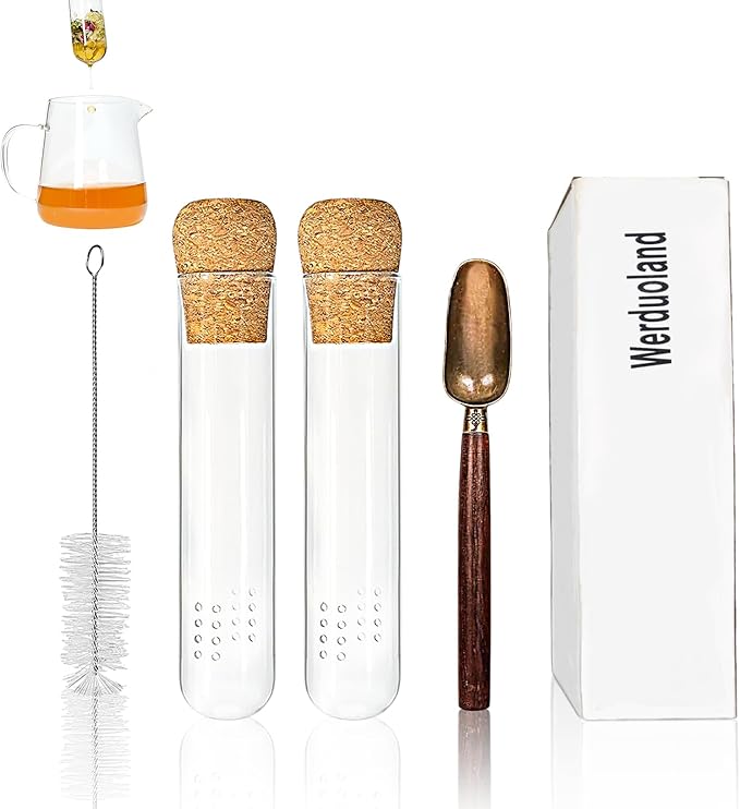2 PCS Glass Tea Infusers for Loose Tea——Reusable Round filter holes Tea Glass Strainers with Cork Lid & Teaspoon & Cleaning Brus