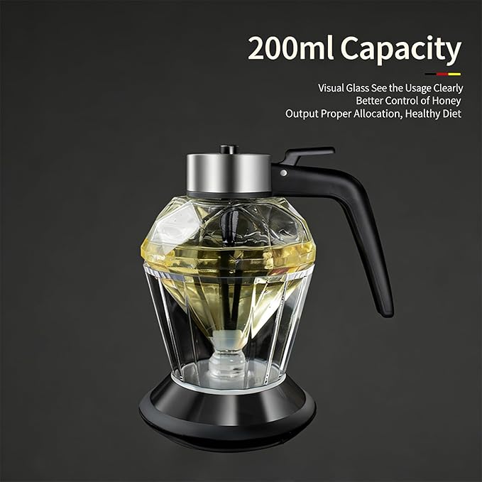 Honey Dispenser No Drip with Base 2026 Upgrade, 8oz Glass Honey Jar pot with Handle, Syrup Dispenser for Coffee or Tea, Mess Free Honey Dispenser for Honey Syrup Olive Oil, Maple Syrup Honey Container
