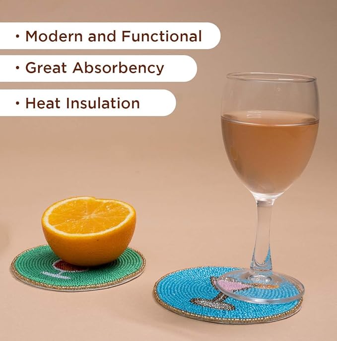 Folkulture Boho Coaster Set of 4 | 4" Round Decorative Drink Mats or Cocktail Coasters for Coffee Table & Farmhouse Decor | Cute & Stylish Table Accessories for Cups, Wine Glasses, Bar, Party or Gift