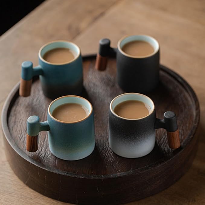 2-Oz Ceramic Espresso Cups with Wood Handle, 2/4-Piece Set for Coffee, Tea, Latte - Dishwasher Safe, Multi-Color & Wood Styles, Gift & Café Use (balck, Wooden Handle2)