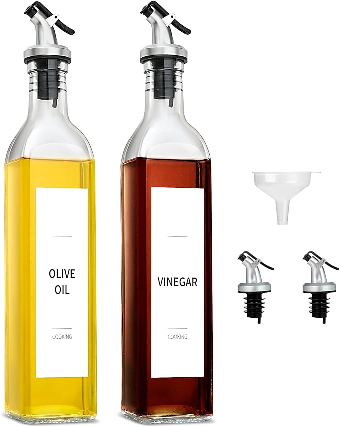 GMISUN Olive Oil and Vinegar Dispenser Bottle Set, 2 Pack Oil and Vinegar Dispenser Bottle, 17oz Kitchen Oil Dispenser, Glass Cooking Oil Dispenser, Clear Glass Bottles for Oil with Funnel and Labels